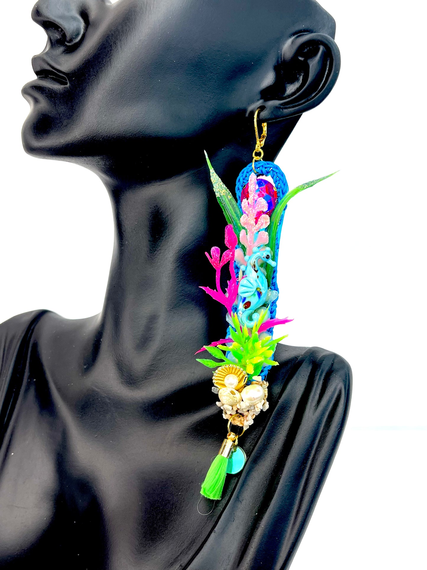 Aquarium Earrings 7 (Realistic seahorse and red spotty octopus neon green tassels)