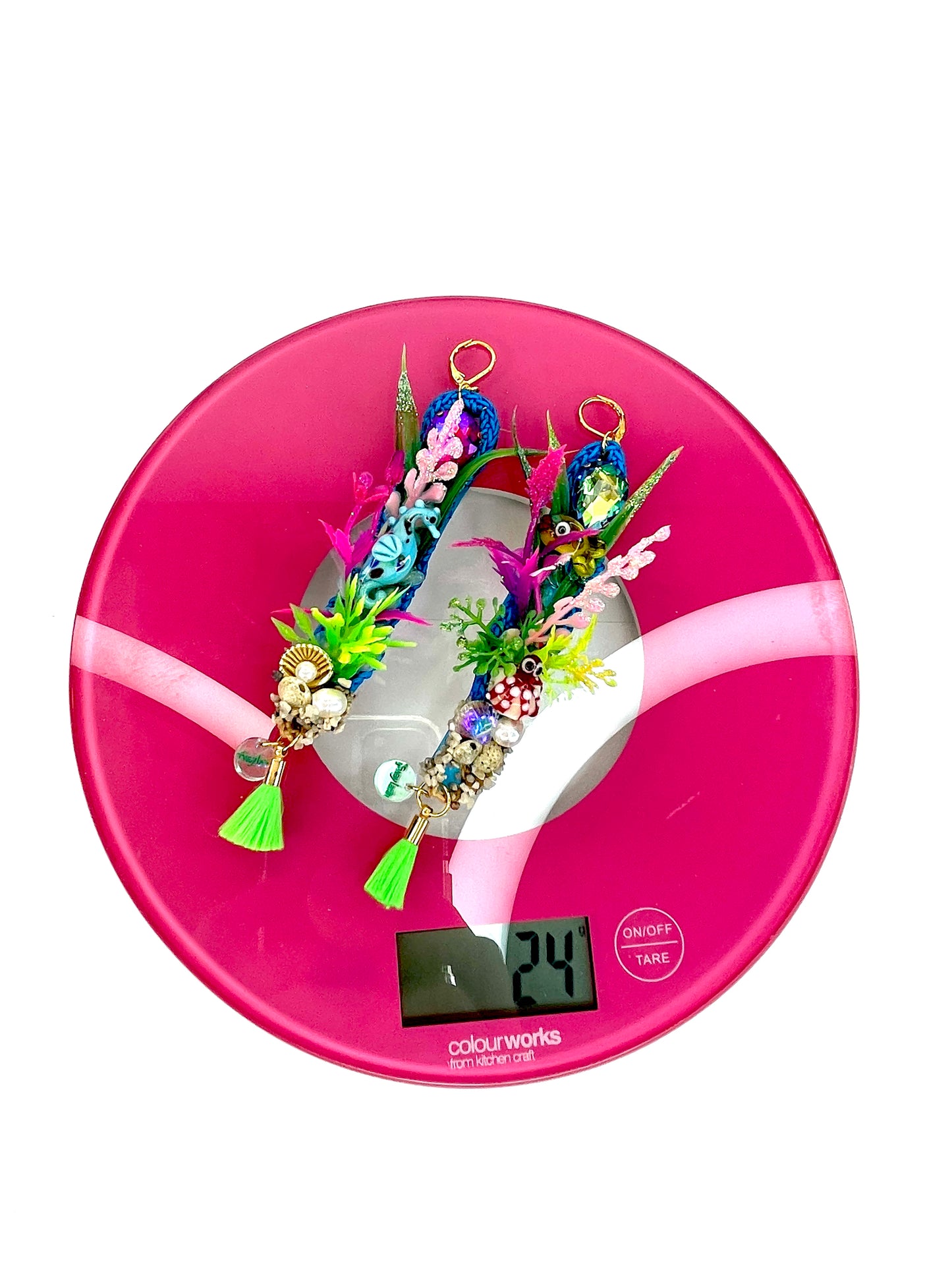 Aquarium Earrings 7 (Realistic seahorse and red spotty octopus neon green tassels)