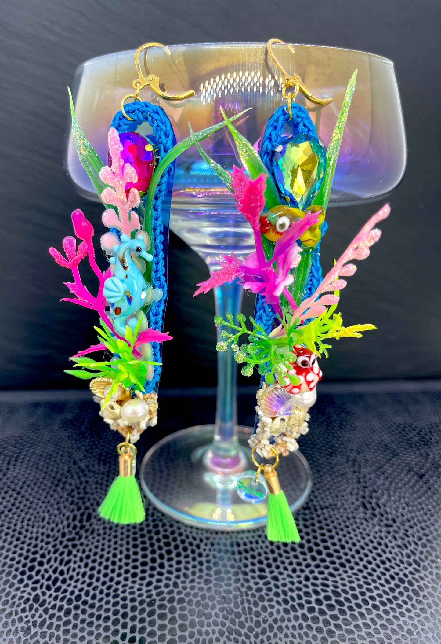 Aquarium Earrings 7 (Realistic seahorse and red spotty octopus neon green tassels)