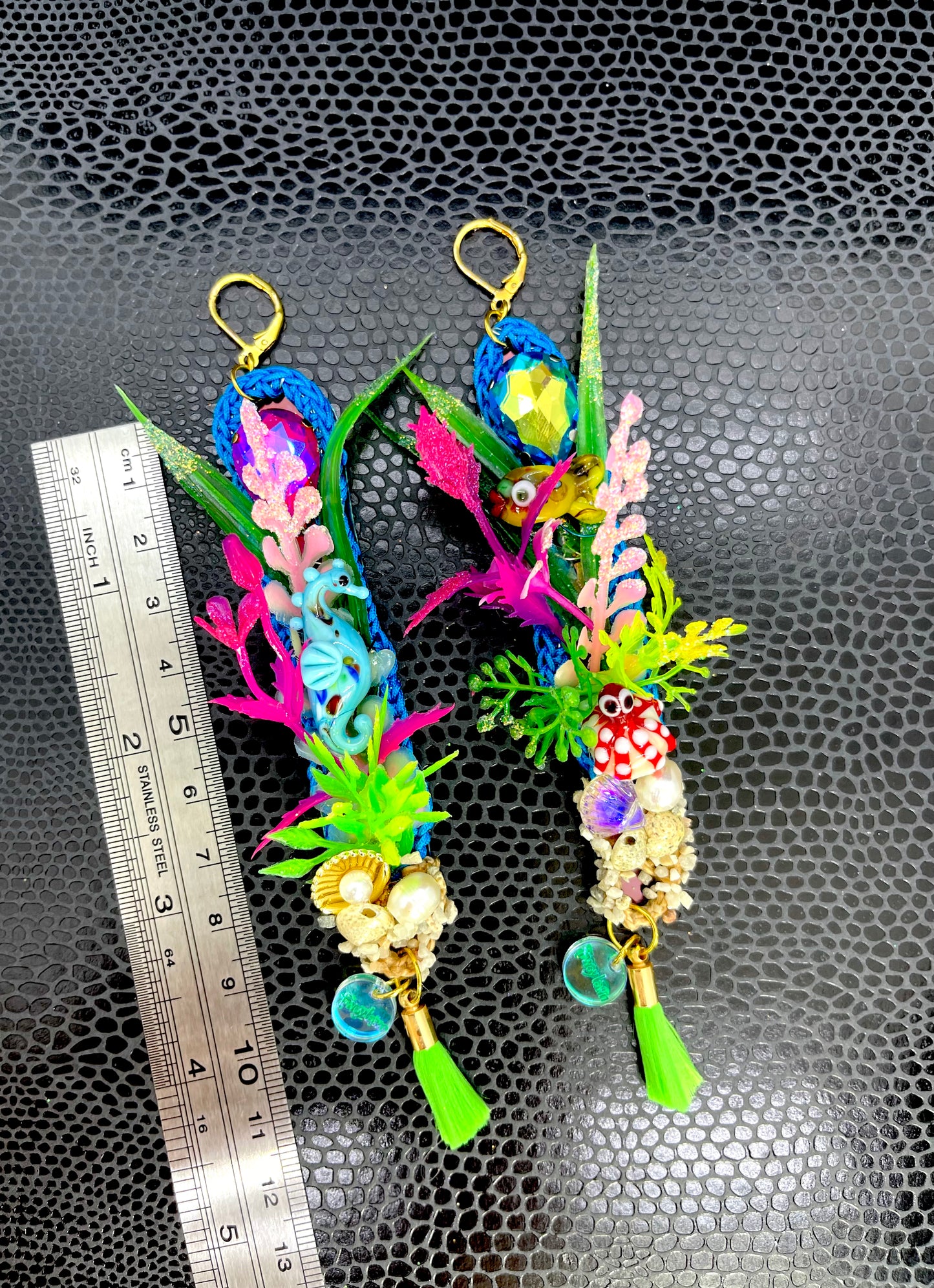 Aquarium Earrings 7 (Realistic seahorse and red spotty octopus neon green tassels)
