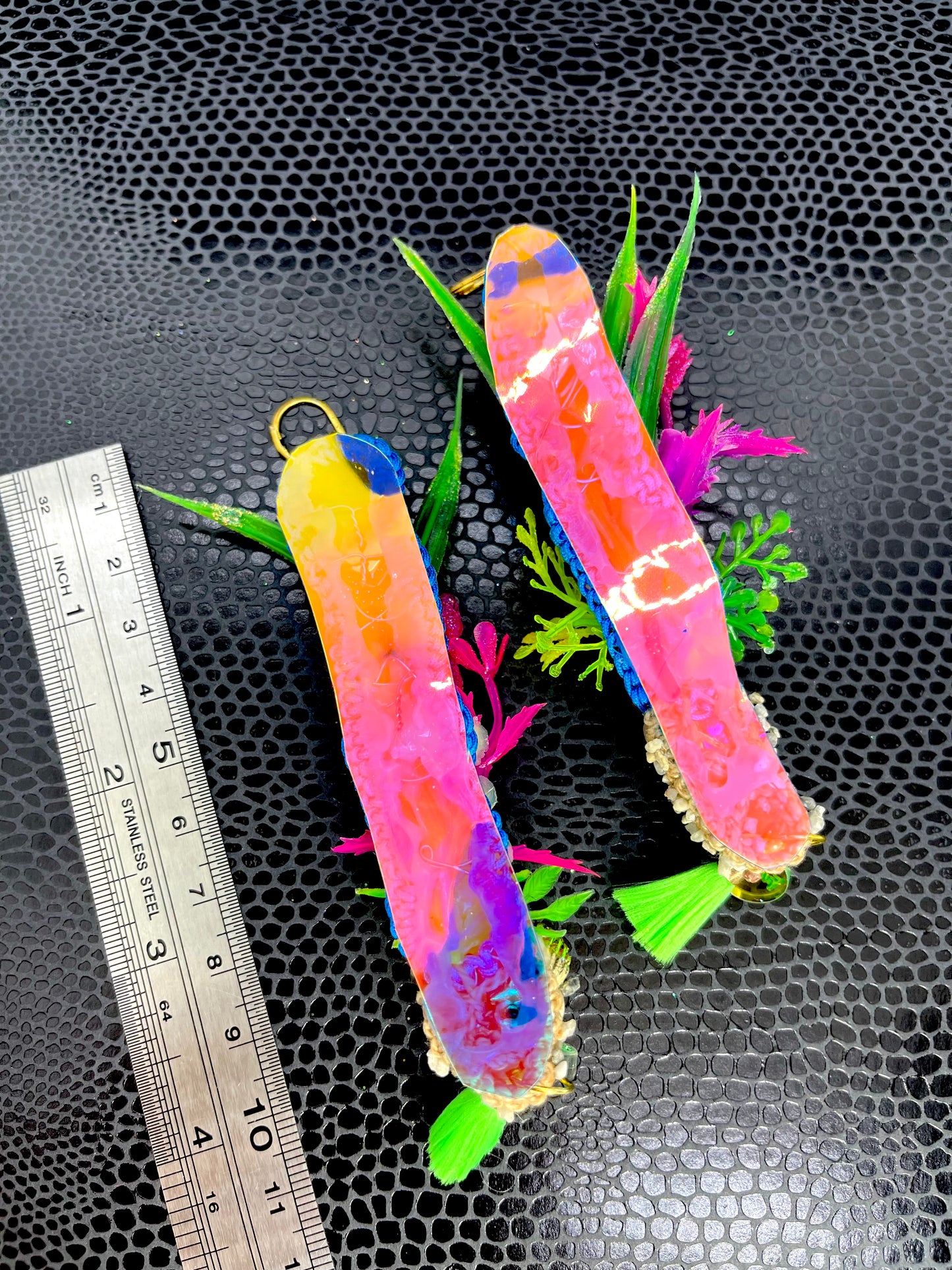 Aquarium Earrings 7 (Realistic seahorse and red spotty octopus neon green tassels)