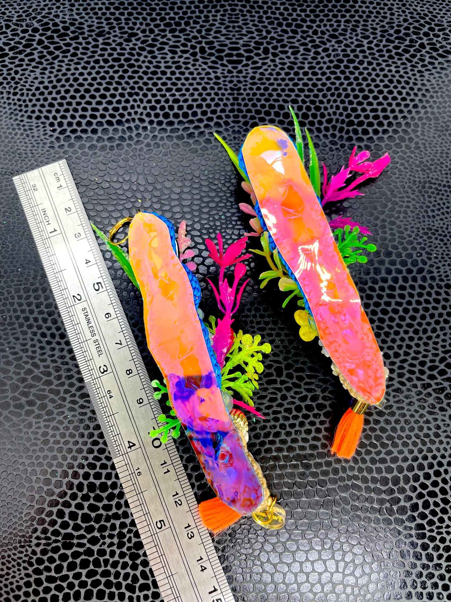 Aquarium earrings 8 (Realistic seahorse and blue octopus with neon orange tassels)