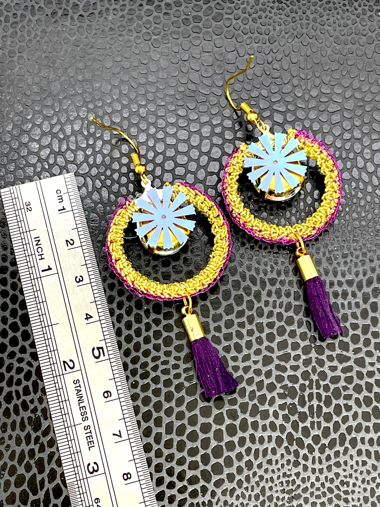 Gold and purple small circular earrings