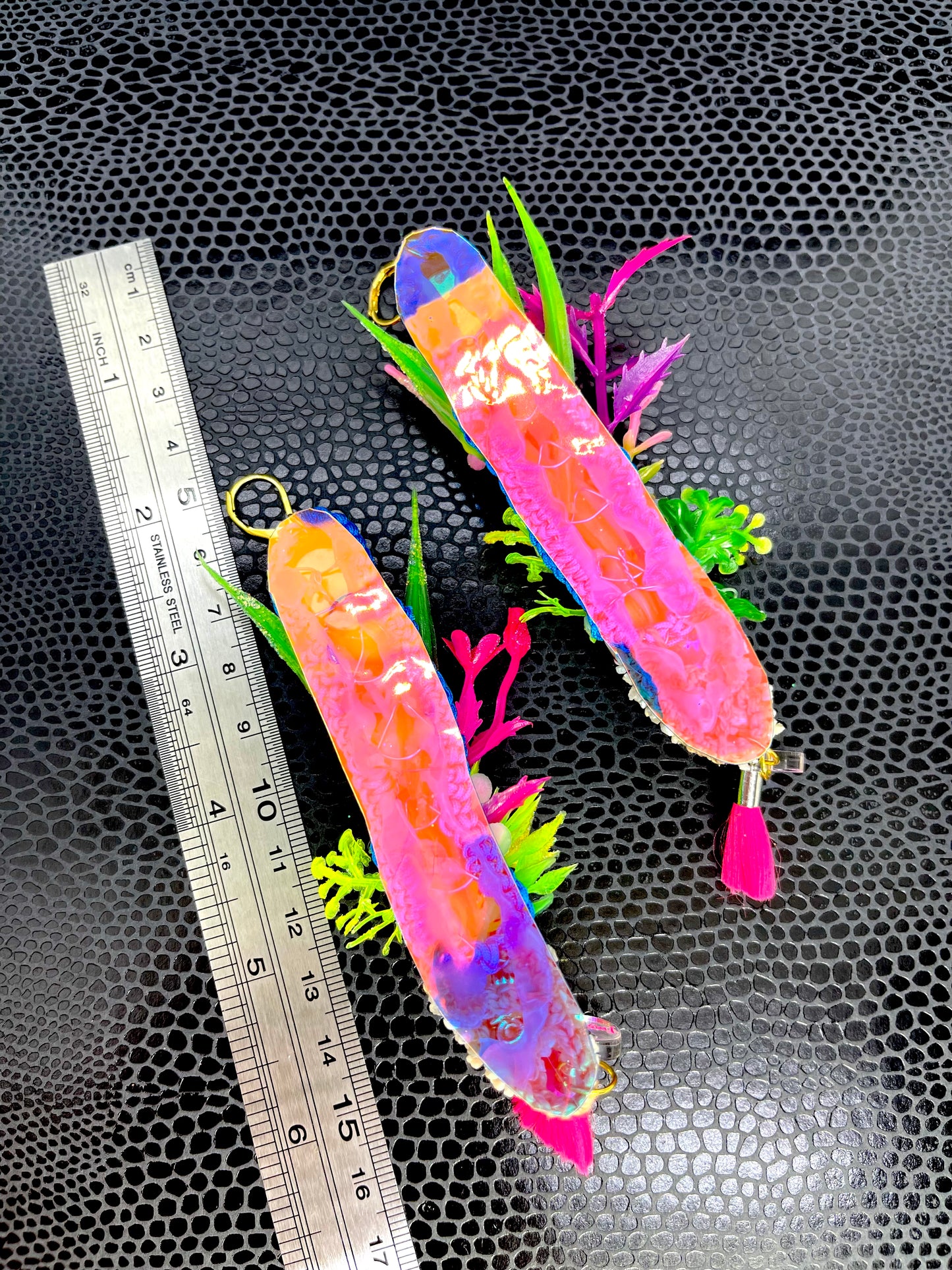 Aquarium earrings 9 (Realistic seahorse with red spotty octopus and neon pink tassels)