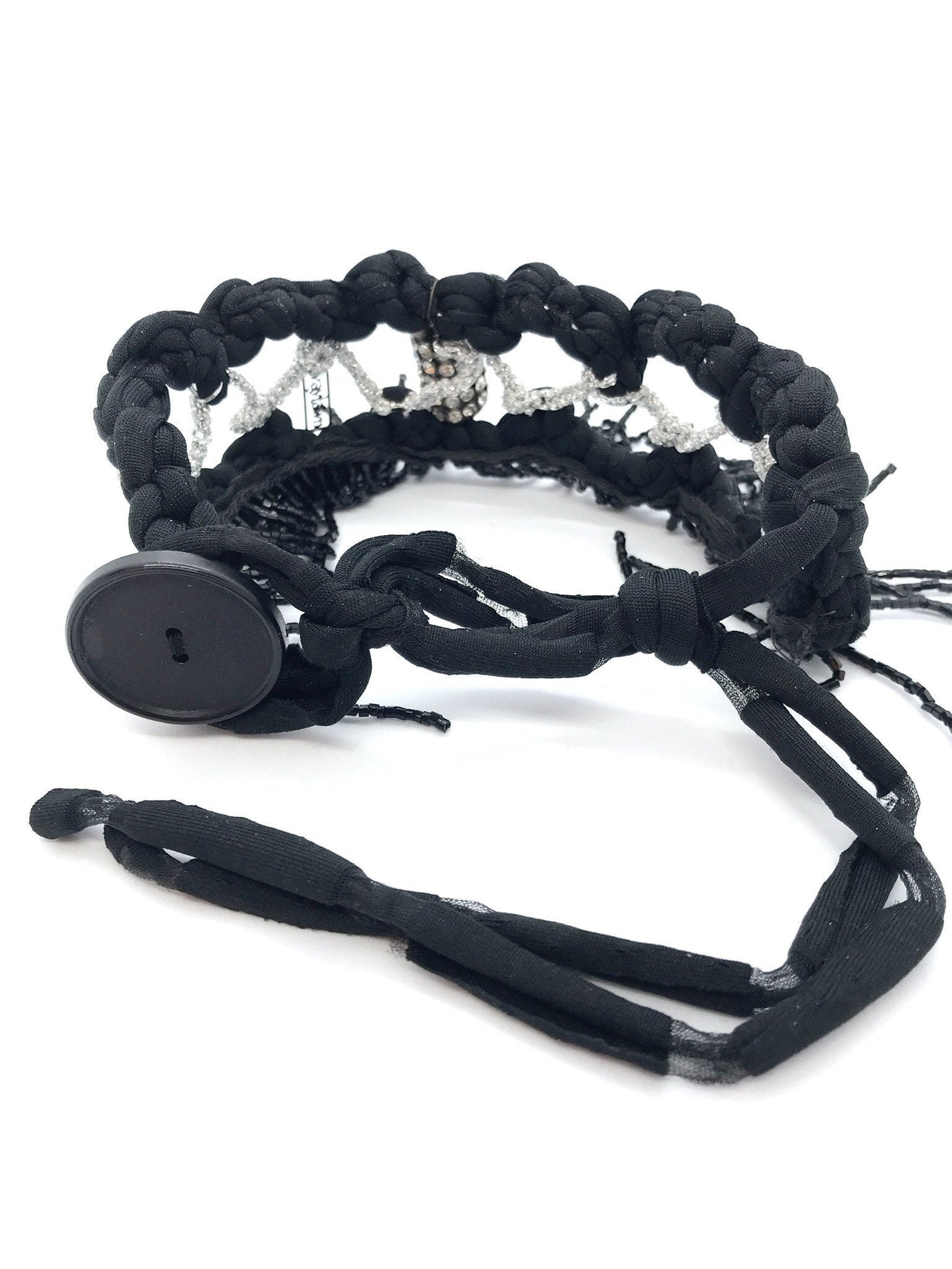 Black and silver glittery choker - wire crochet with black beaded tassels, irregular eco friendly statement accessory