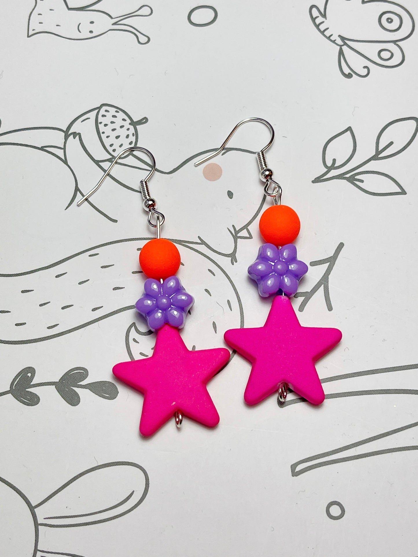 Neon Earrings, Pink, purple and orange beaded earrings,bright and fun earrings, small gift, stocking filler, kids gift, kids stocking filler