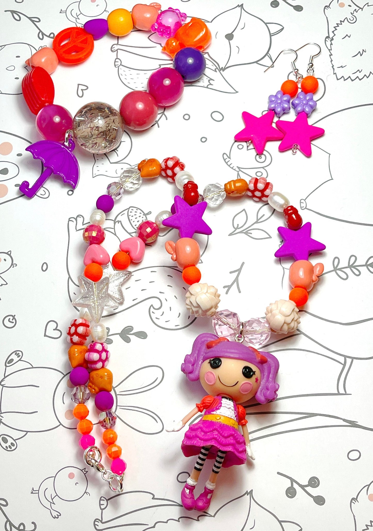 Upcycled Doll set, orange and purple themed beaded accessories, 90’s style, neck candy, kawaii style alternative statement accessories
