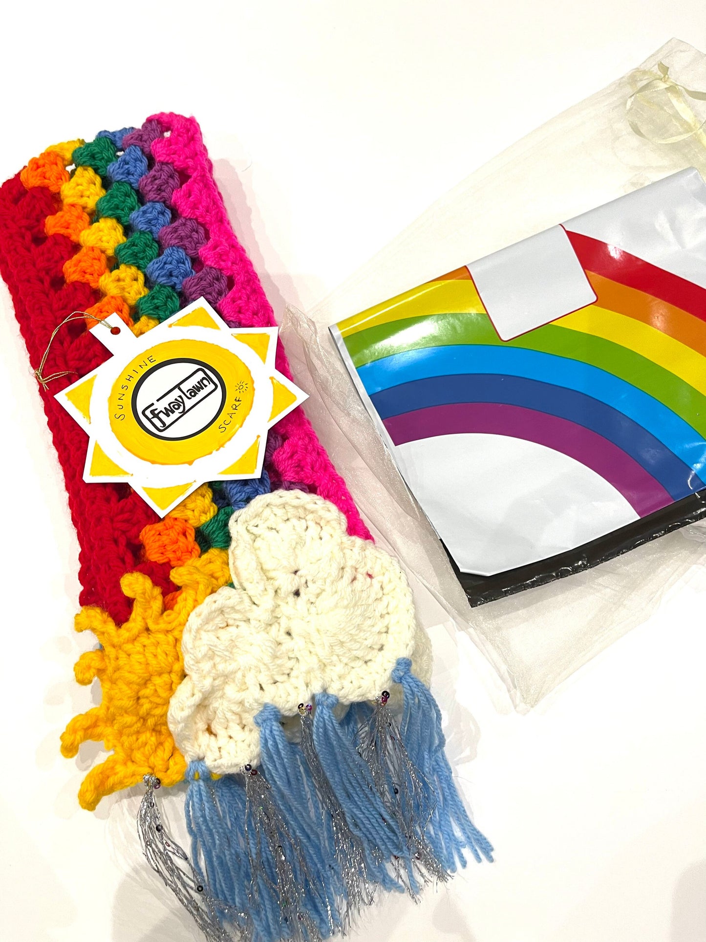 Kids(7-12yr)58"/Rainbow cloud scarf/crochet scarf/kids stocking filler/rainbow crochet scarf/kids personalised gift/scarf with name