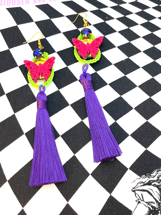 Pink butterfly, Lime green and purple tassel earrings