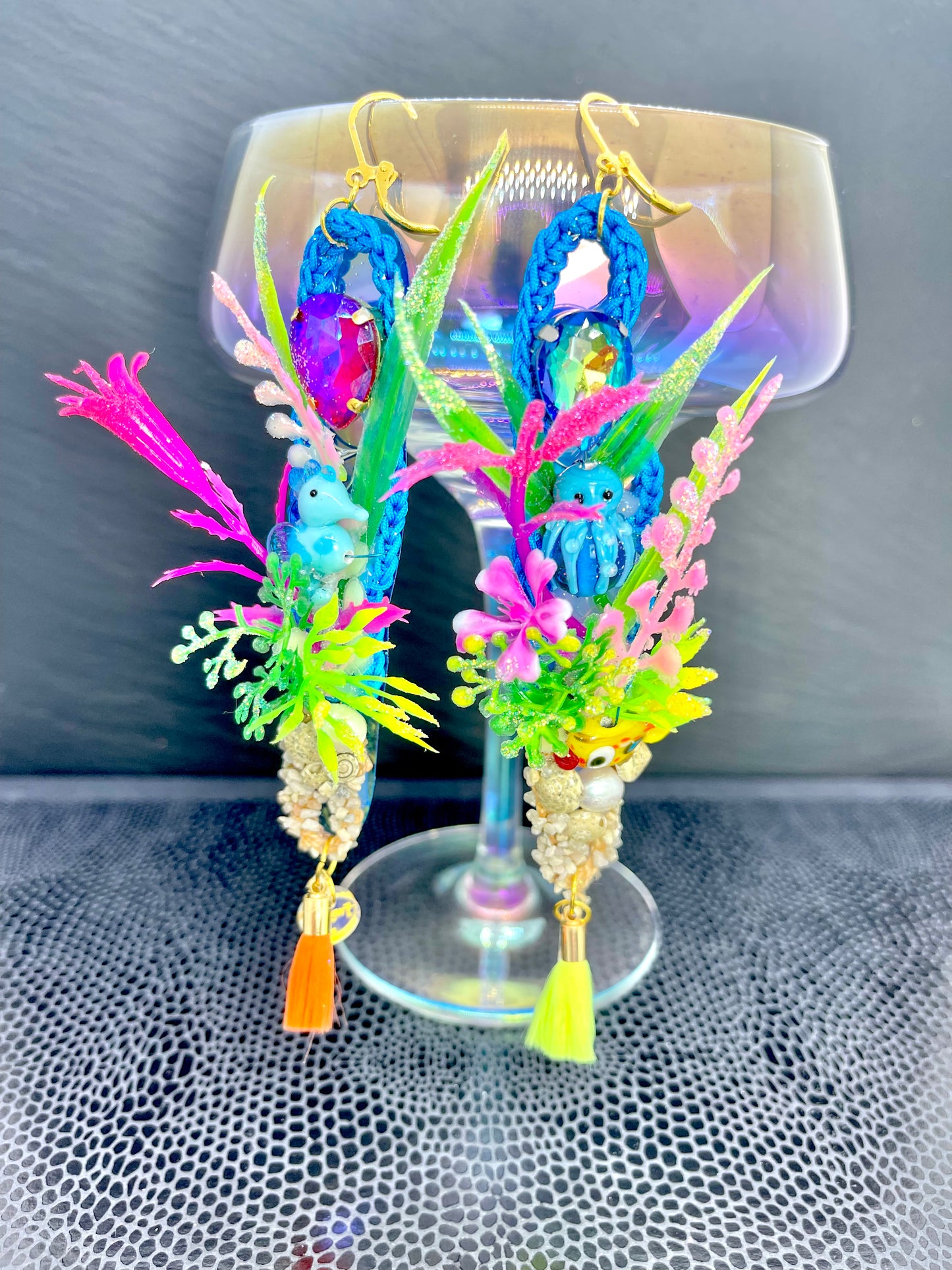 Aquarium earrings 1(Cute seahorse/blue octopus neon yellow/orange tassels)