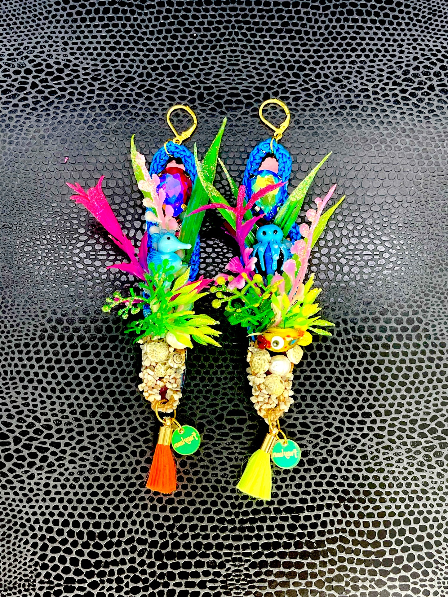 Aquarium earrings 1(Cute seahorse/blue octopus neon yellow/orange tassels)