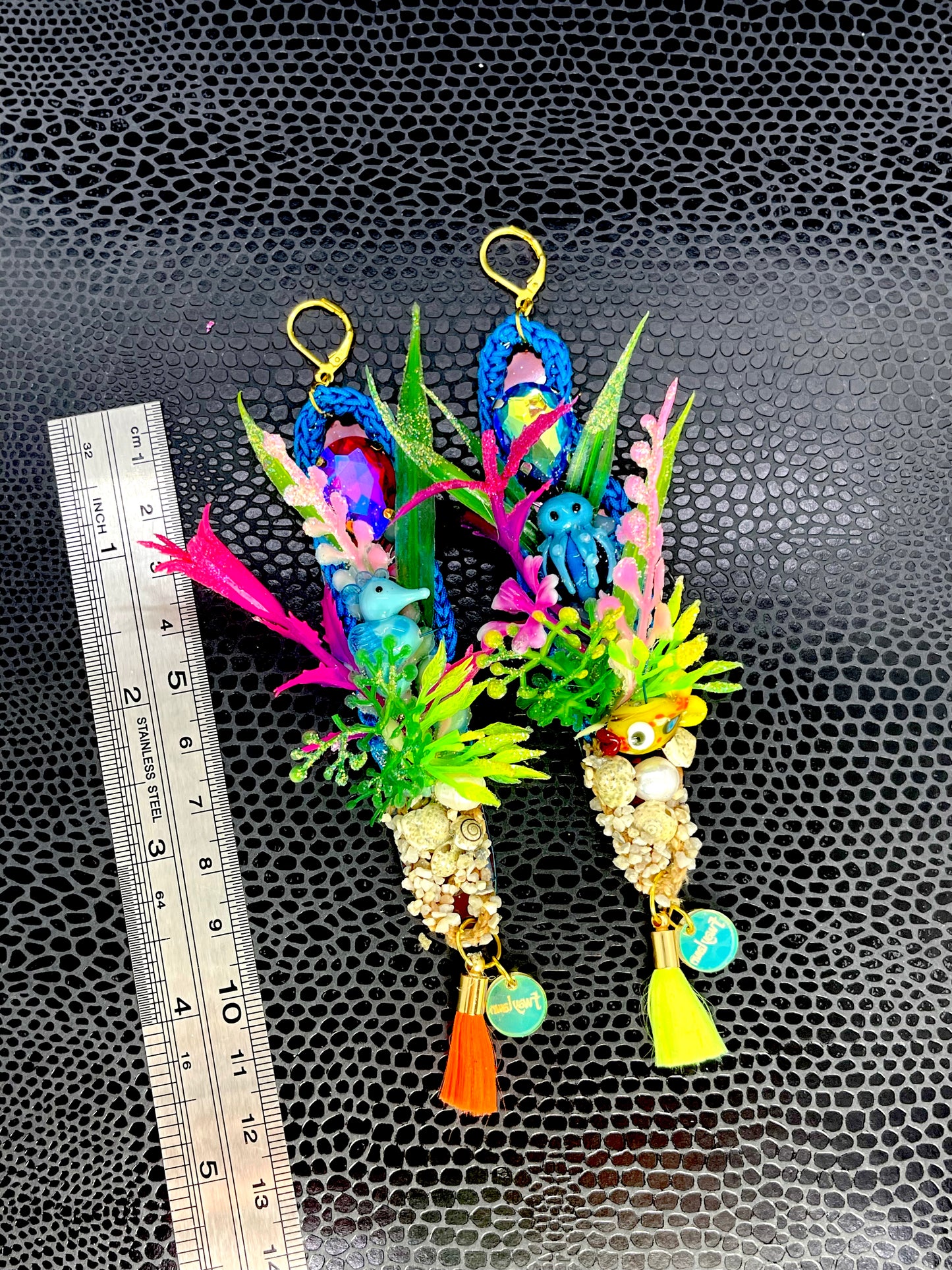 Aquarium earrings 1(Cute seahorse/blue octopus neon yellow/orange tassels)