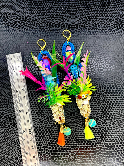 Aquarium earrings 1(Cute seahorse/blue octopus neon yellow/orange tassels)