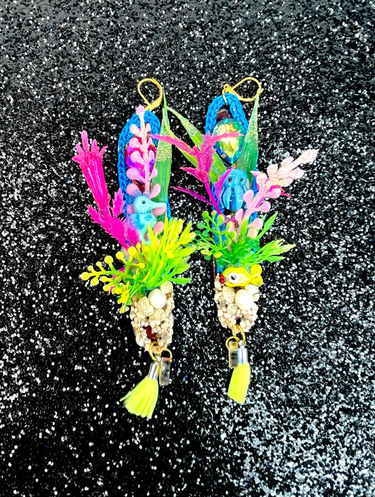 Aquarium earrings 4 (Cute seahorse/Blue octopus neon yellow tassels)