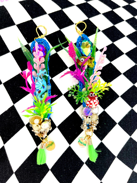 Aquarium Earrings 7 (Realistic seahorse and red spotty octopus neon green tassels)