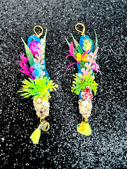 Aquarium Earrings 10 (Cute seahorse and red and white spotty octopus with neon yellow tassels)