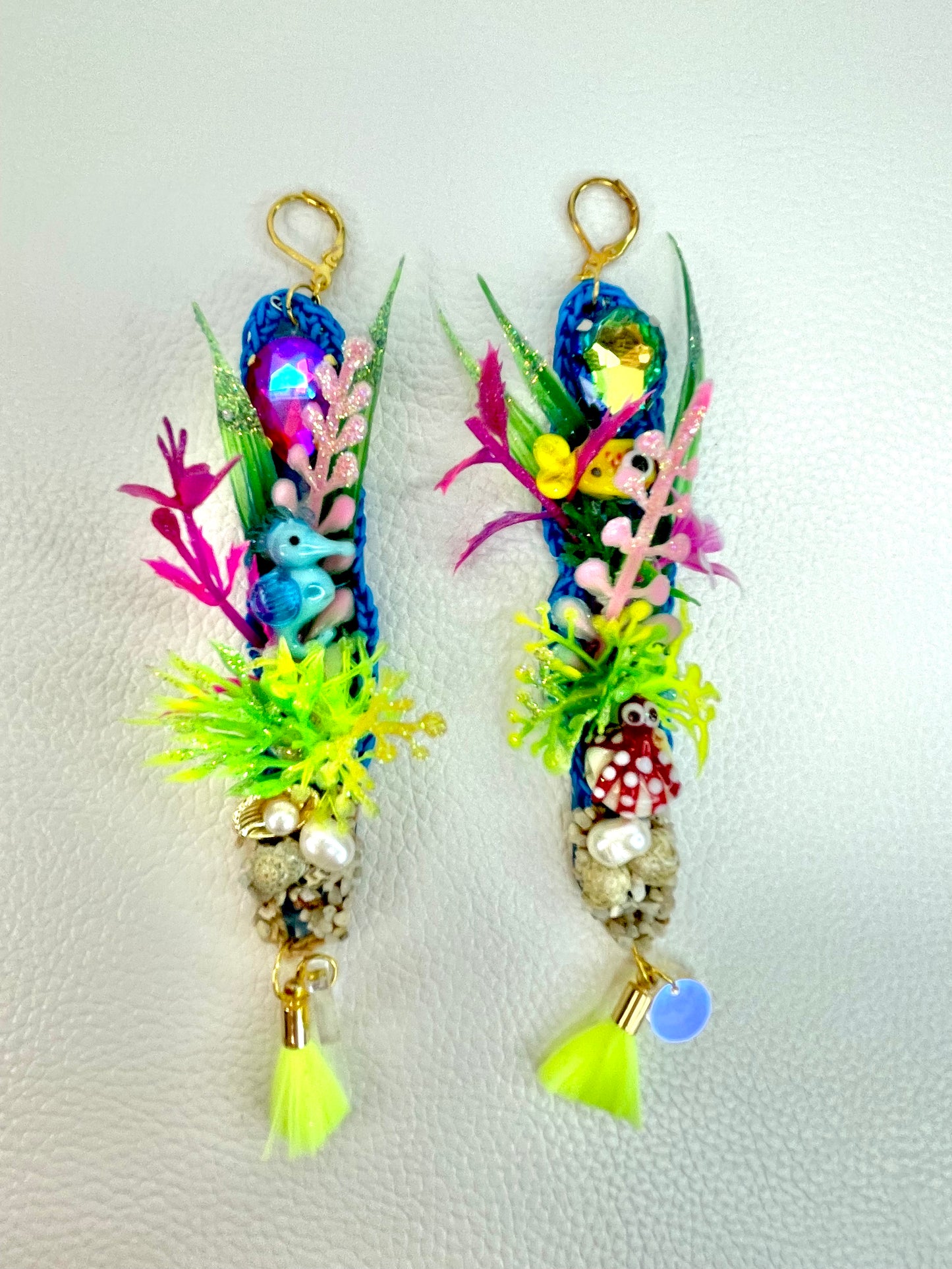 Aquarium Earrings 10 (Cute seahorse and red and white spotty octopus with neon yellow tassels)