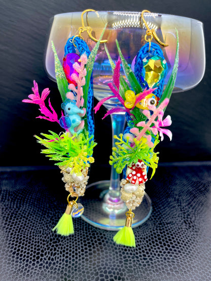 Aquarium Earrings 10 (Cute seahorse and red and white spotty octopus with neon yellow tassels)