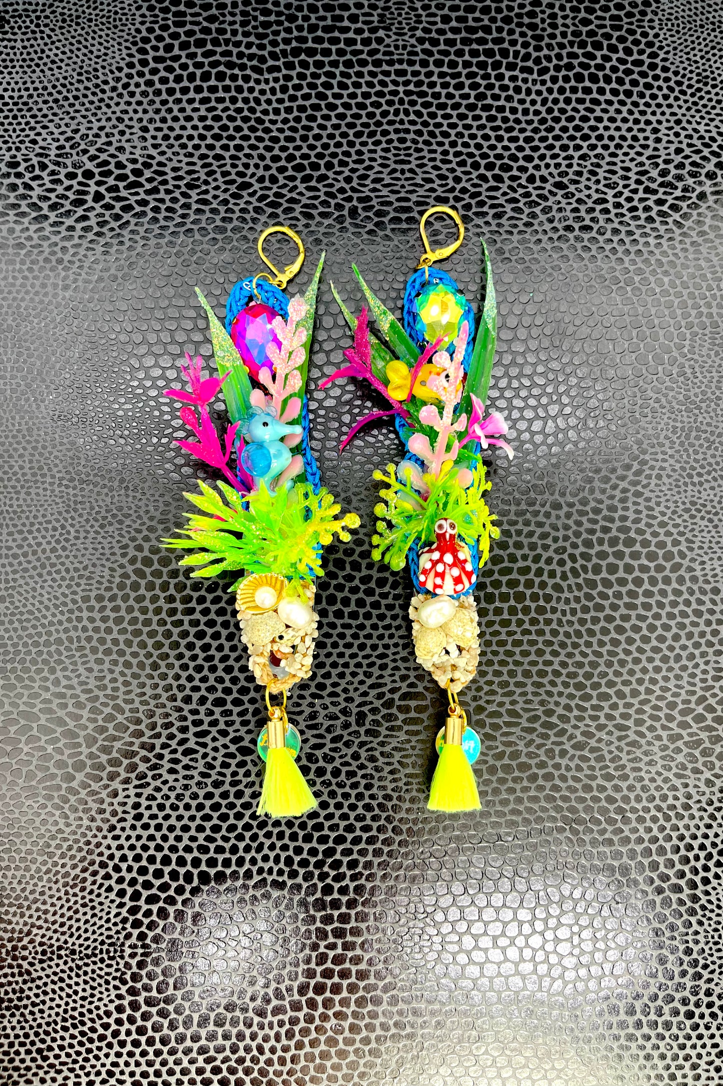 Aquarium Earrings 10 (Cute seahorse and red and white spotty octopus with neon yellow tassels)