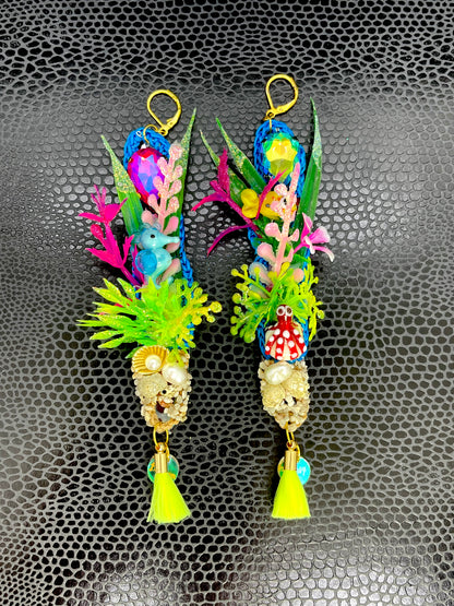 Aquarium Earrings 10 (Cute seahorse and red and white spotty octopus with neon yellow tassels)