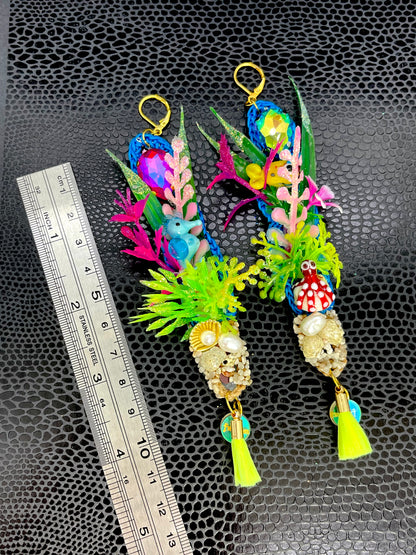 Aquarium Earrings 10 (Cute seahorse and red and white spotty octopus with neon yellow tassels)