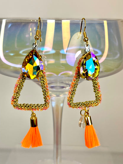 Orange and peach small gold crochet earrings