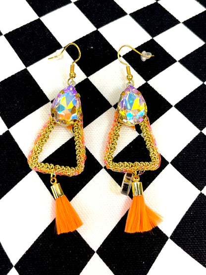 Orange and peach small gold crochet earrings