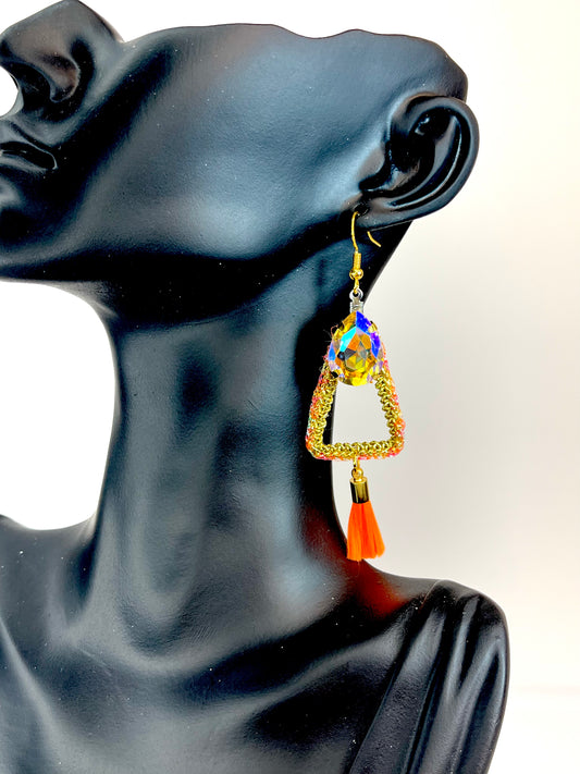 Orange and peach small gold crochet earrings