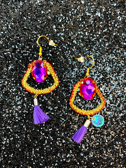 Purple and red small gold crochet earrings