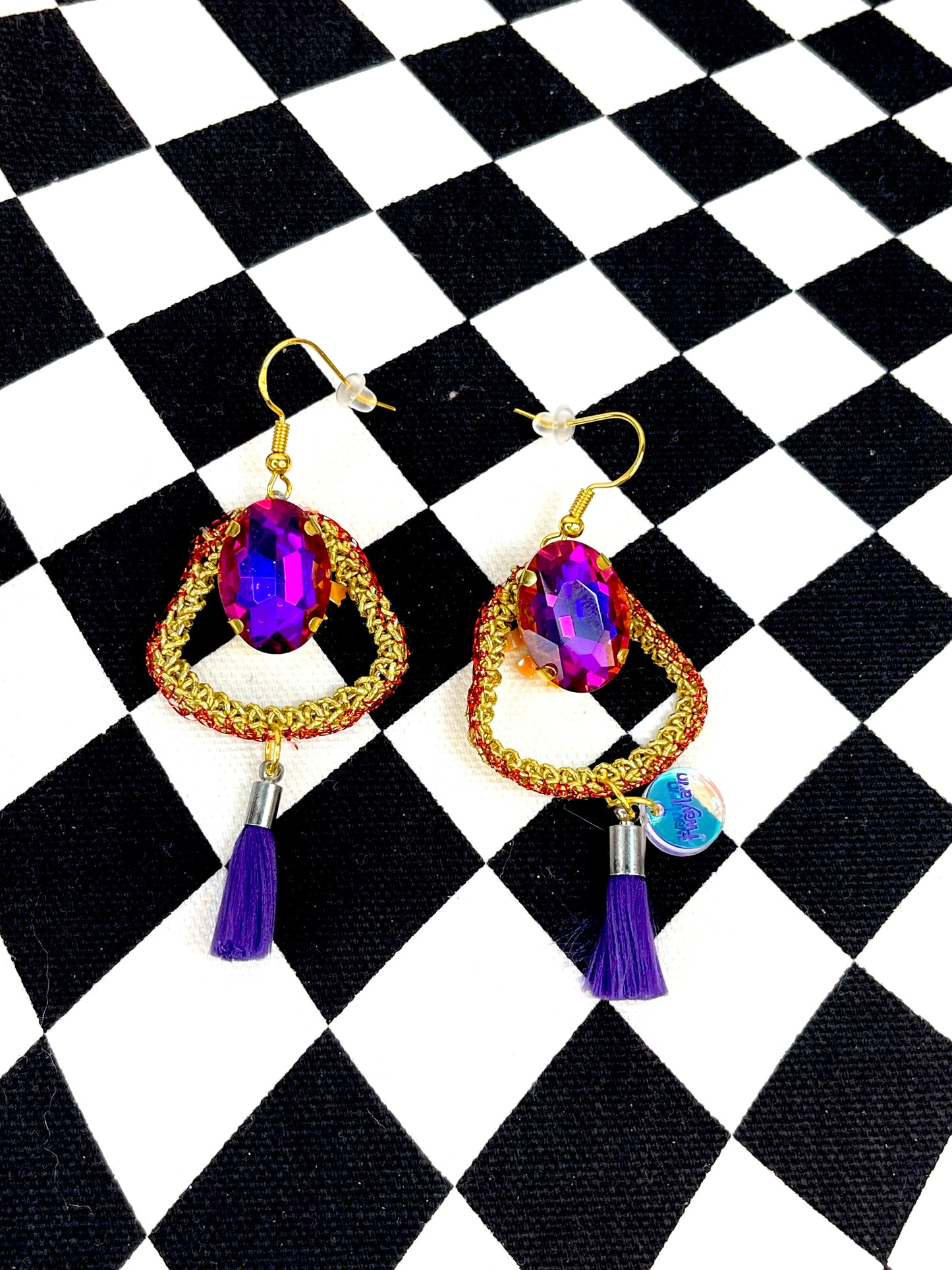 Purple and red small gold crochet earrings