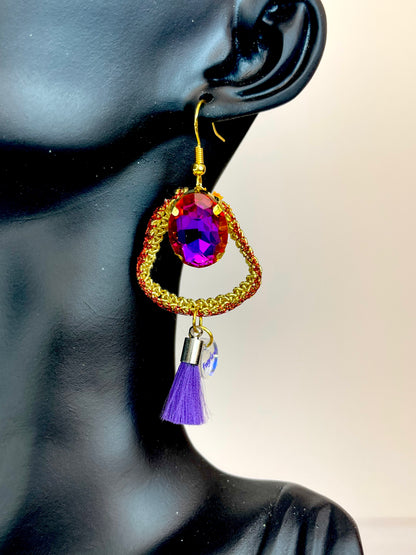 Purple and red small gold crochet earrings