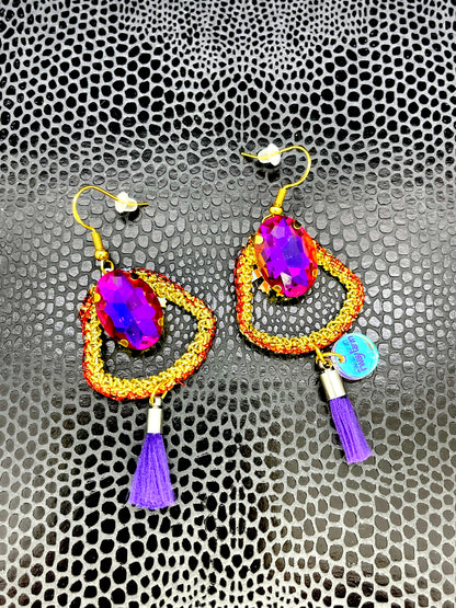 Purple and red small gold crochet earrings