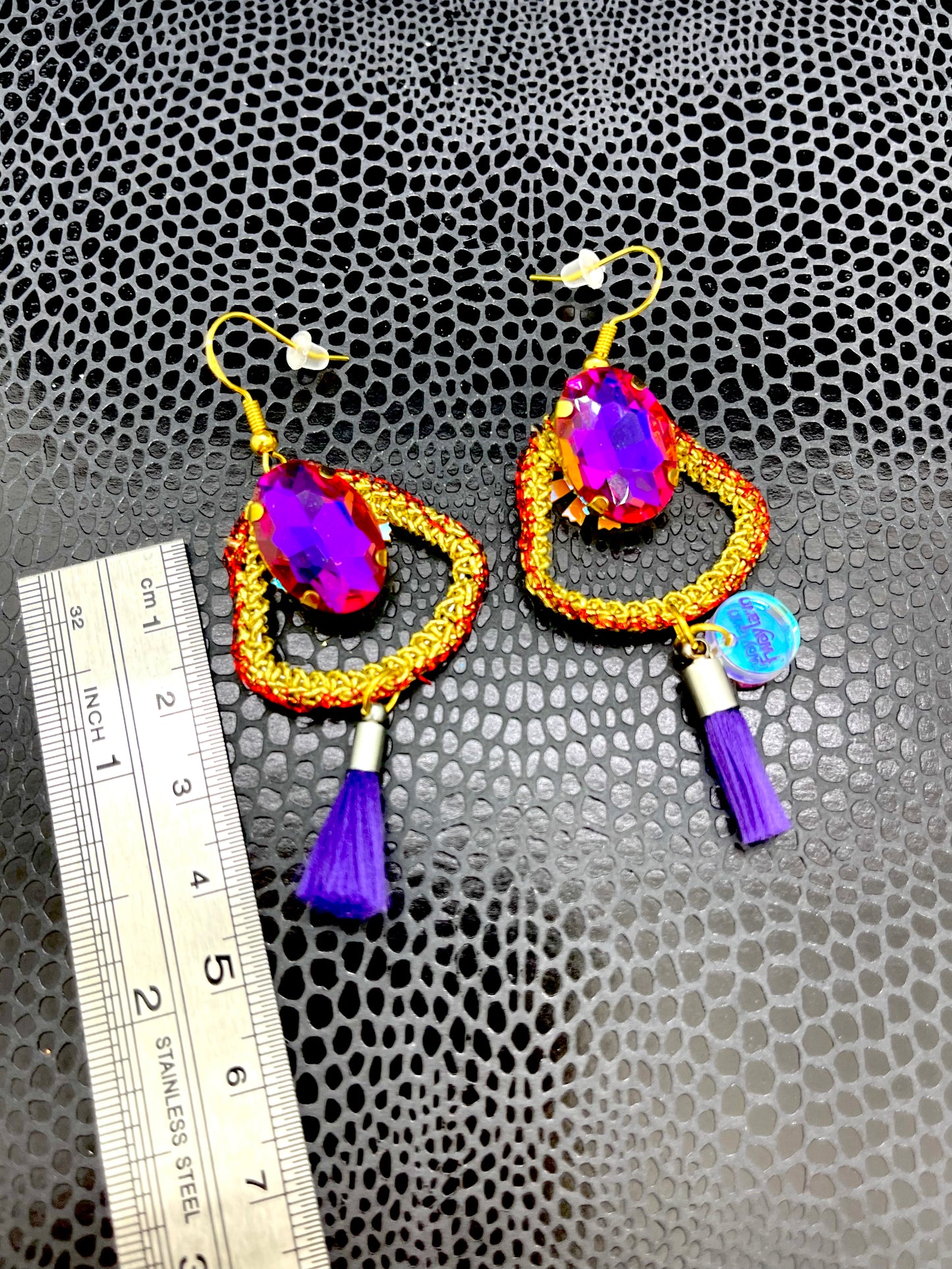 Purple and red small gold crochet earrings