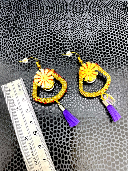 Purple and red small gold crochet earrings