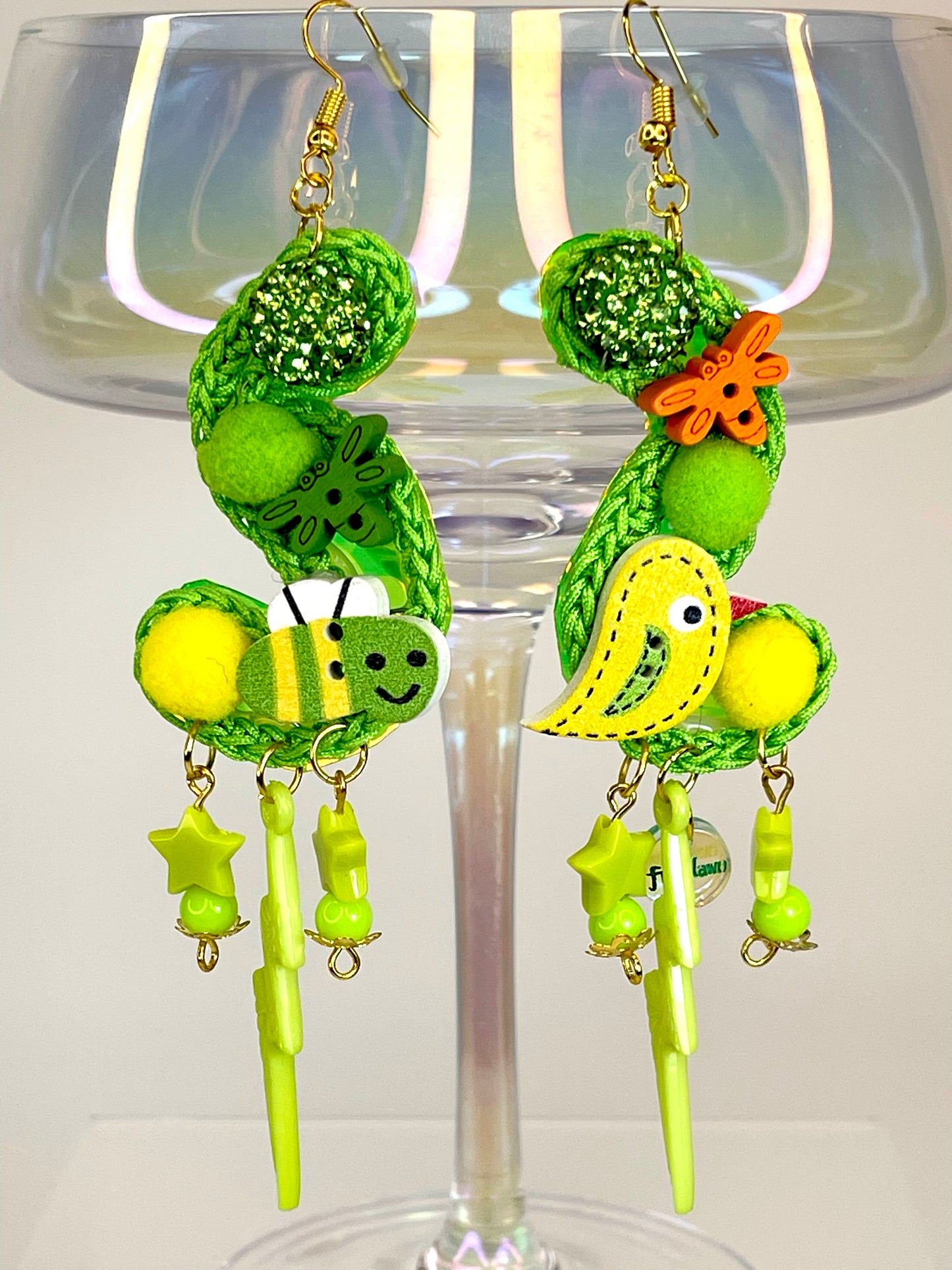 Lime green birds and bee's earrings