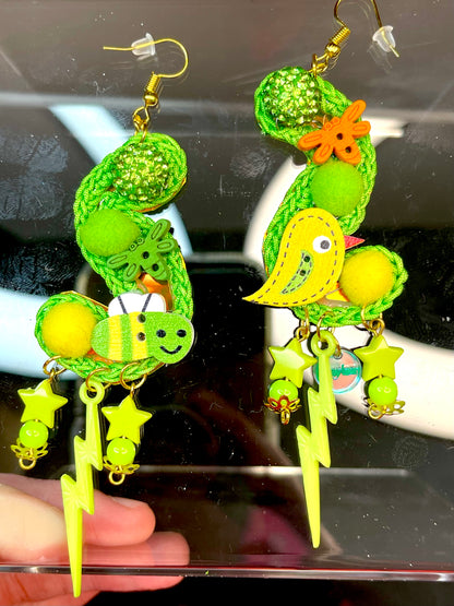 Lime green birds and bee's earrings