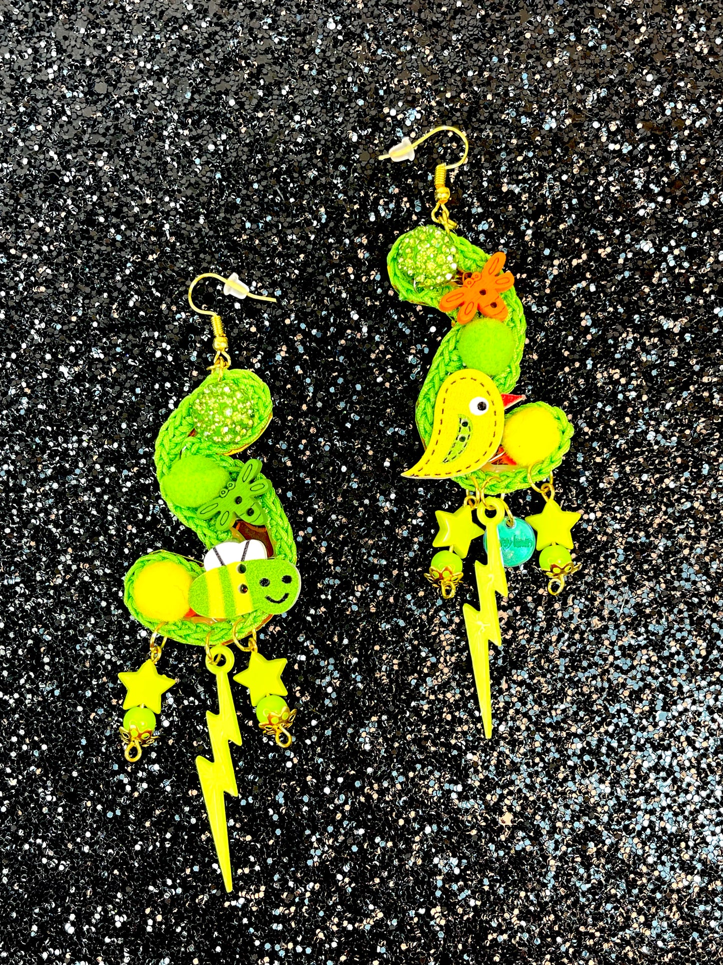 Lime green birds and bee's earrings