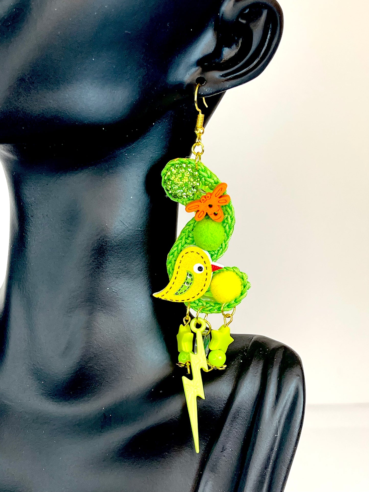 Lime green birds and bee's earrings