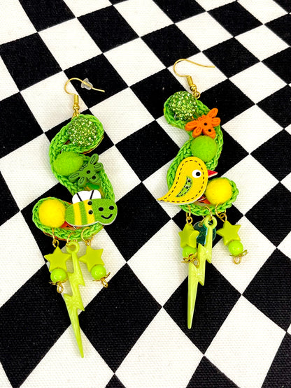 Lime green birds and bee's earrings