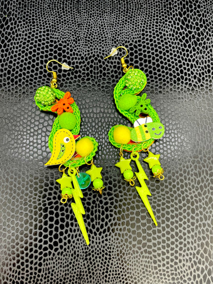 Lime green birds and bee's earrings