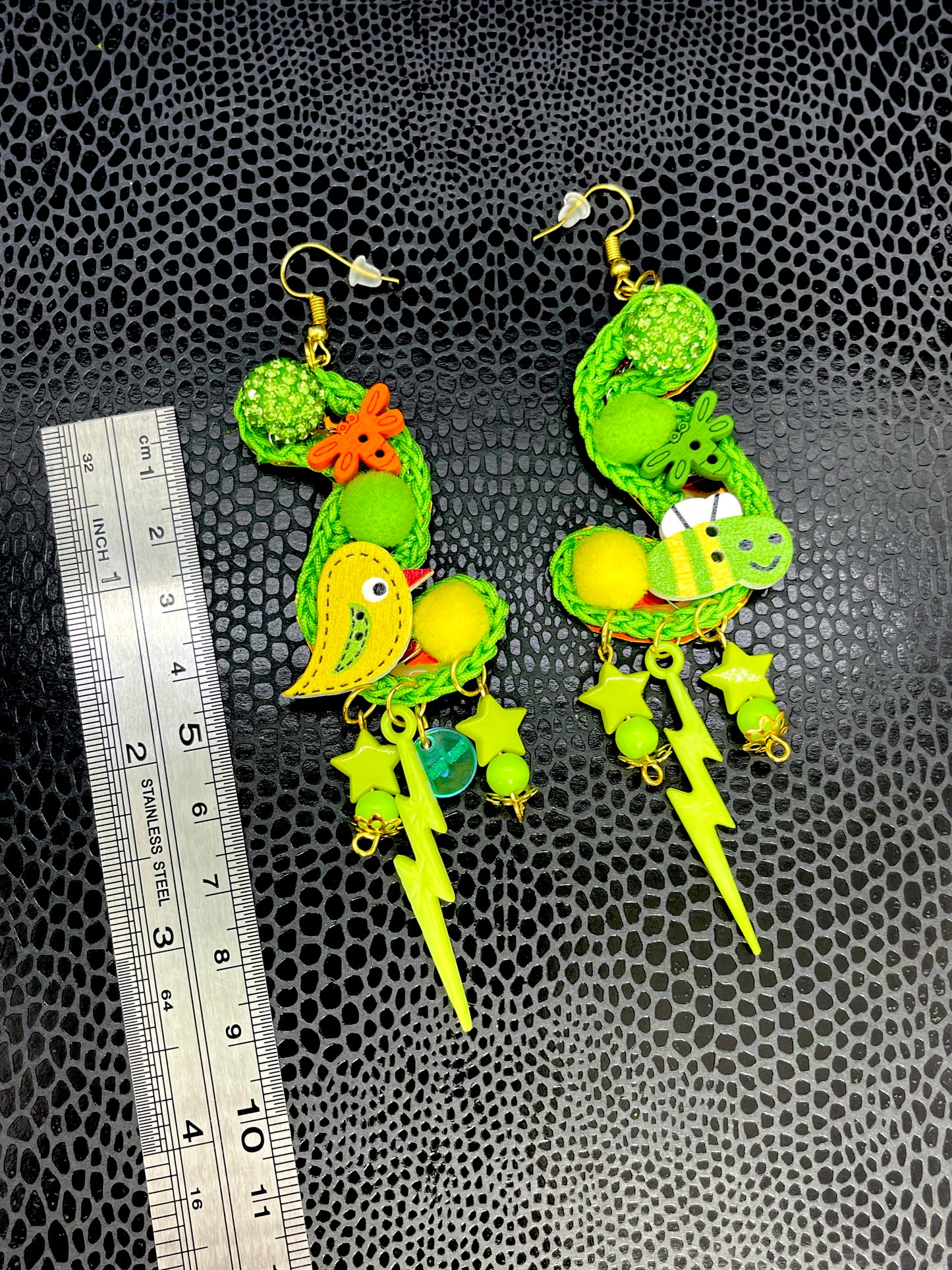 Lime green birds and bee's earrings