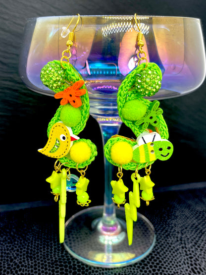 Lime green birds and bee's earrings