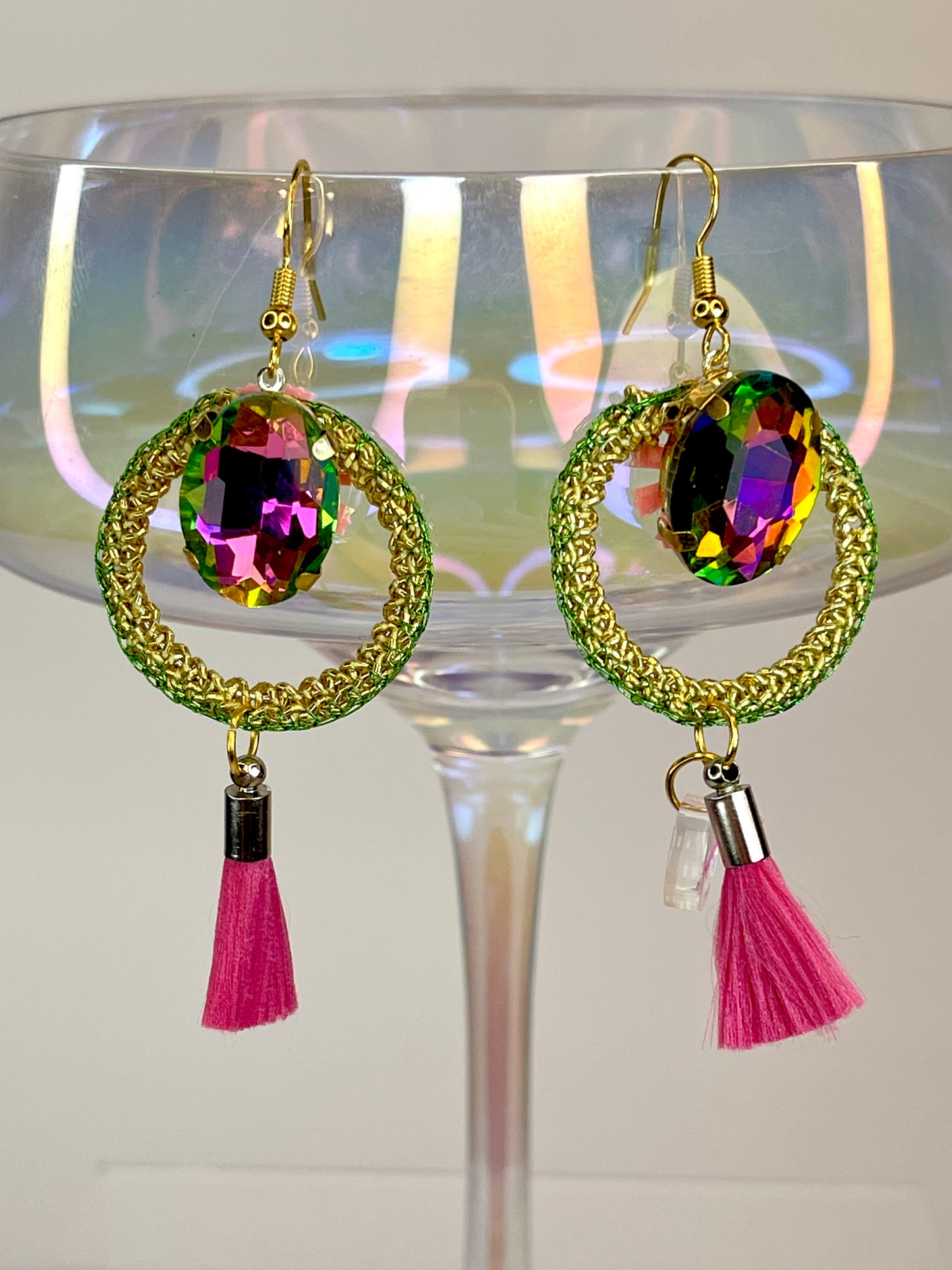 Pink and green gold small crochet earrings