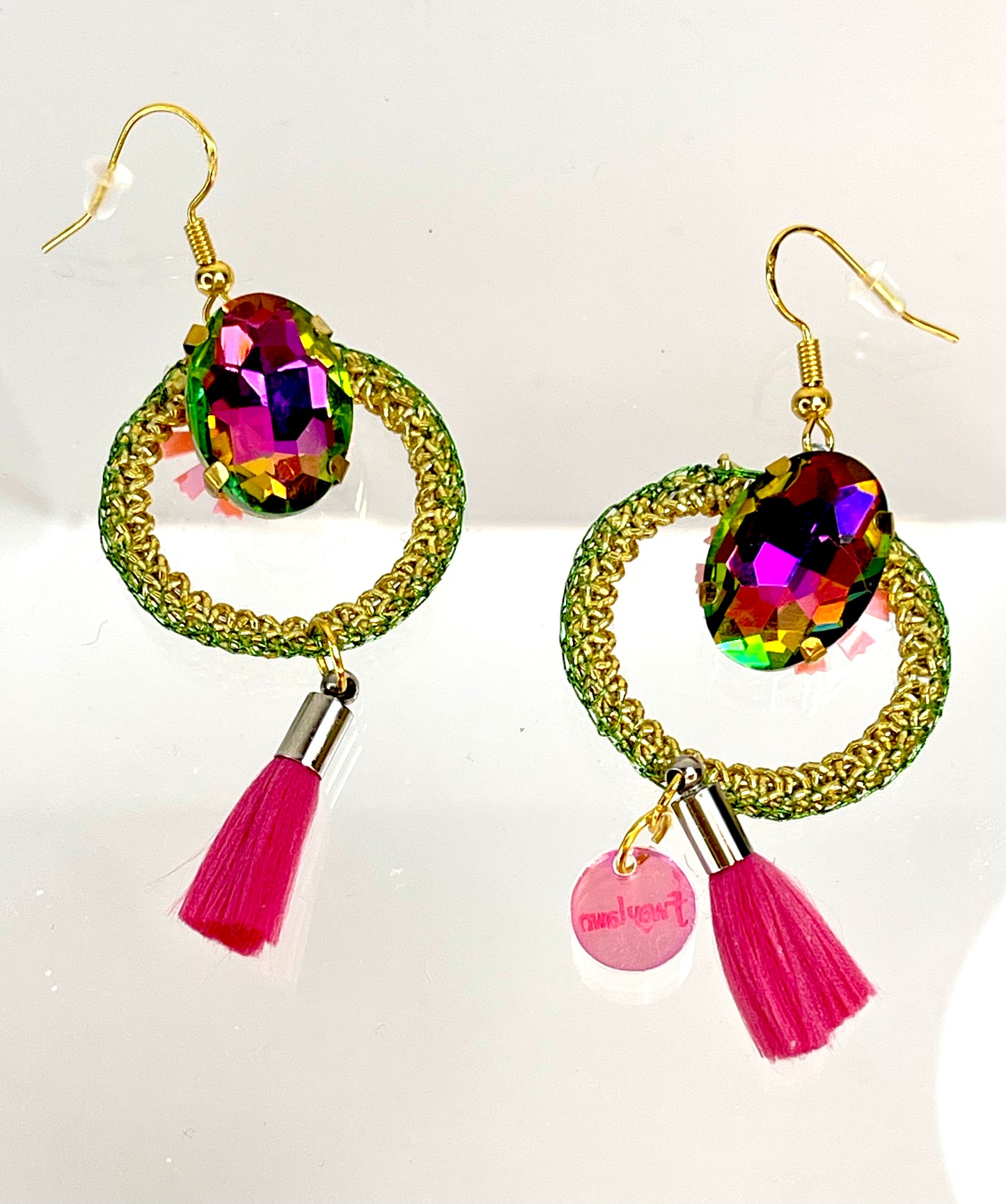 Pink and green gold small crochet earrings