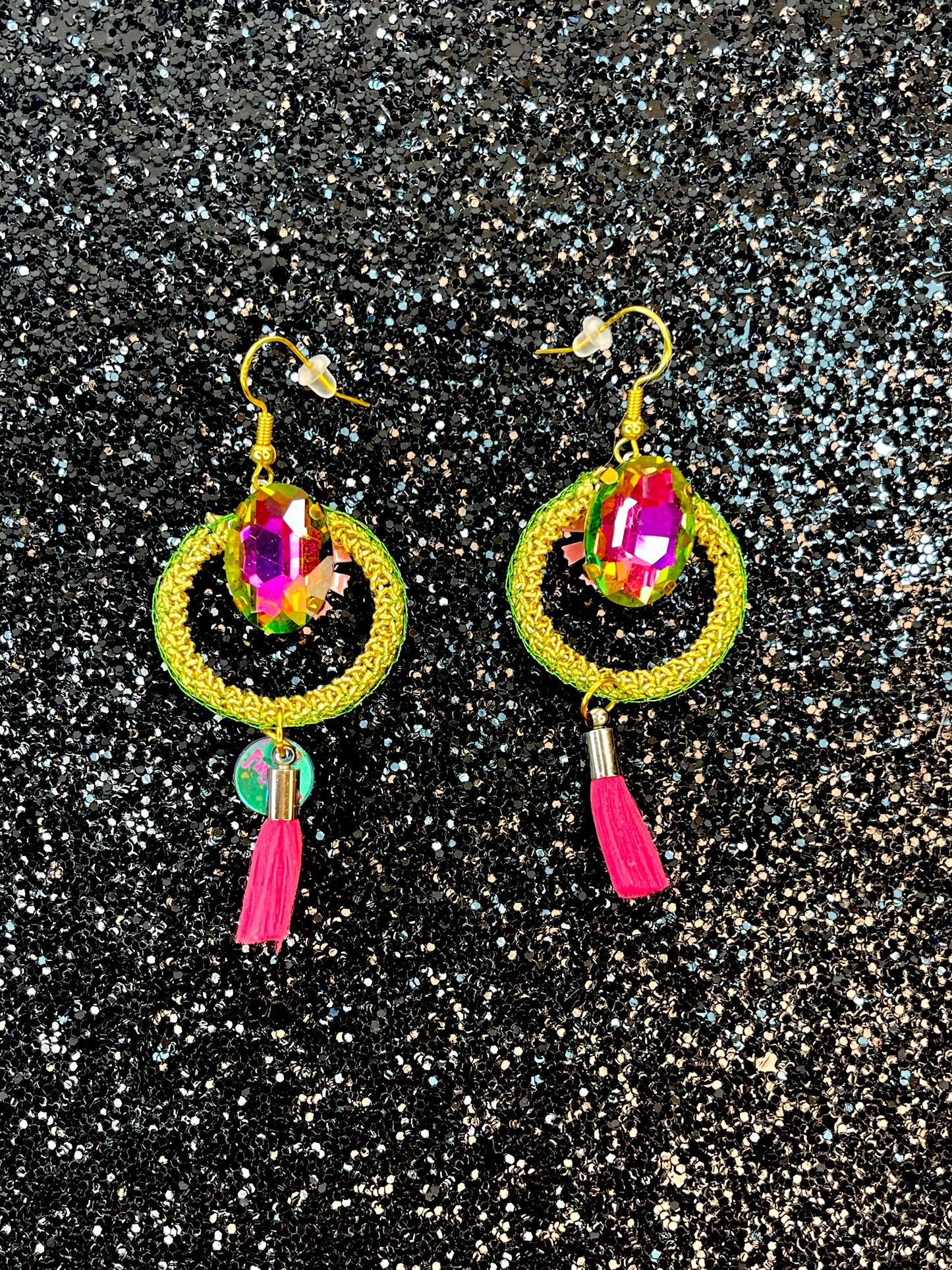 Pink and green gold small crochet earrings