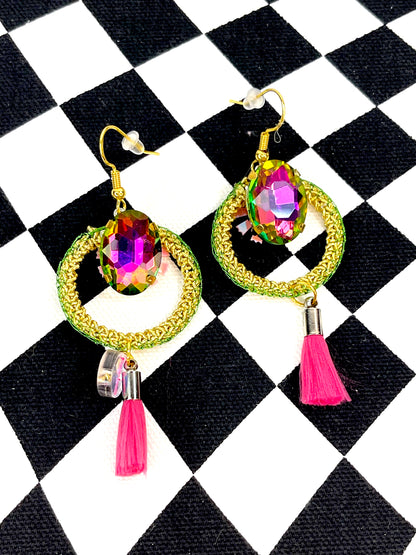 Pink and green gold small crochet earrings