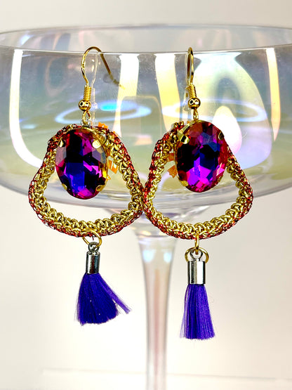 Purple and red small gold crochet earrings