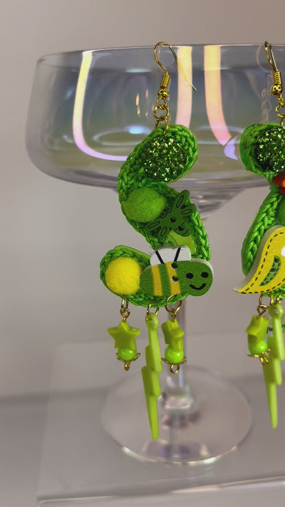 Lime green birds and bee's earrings